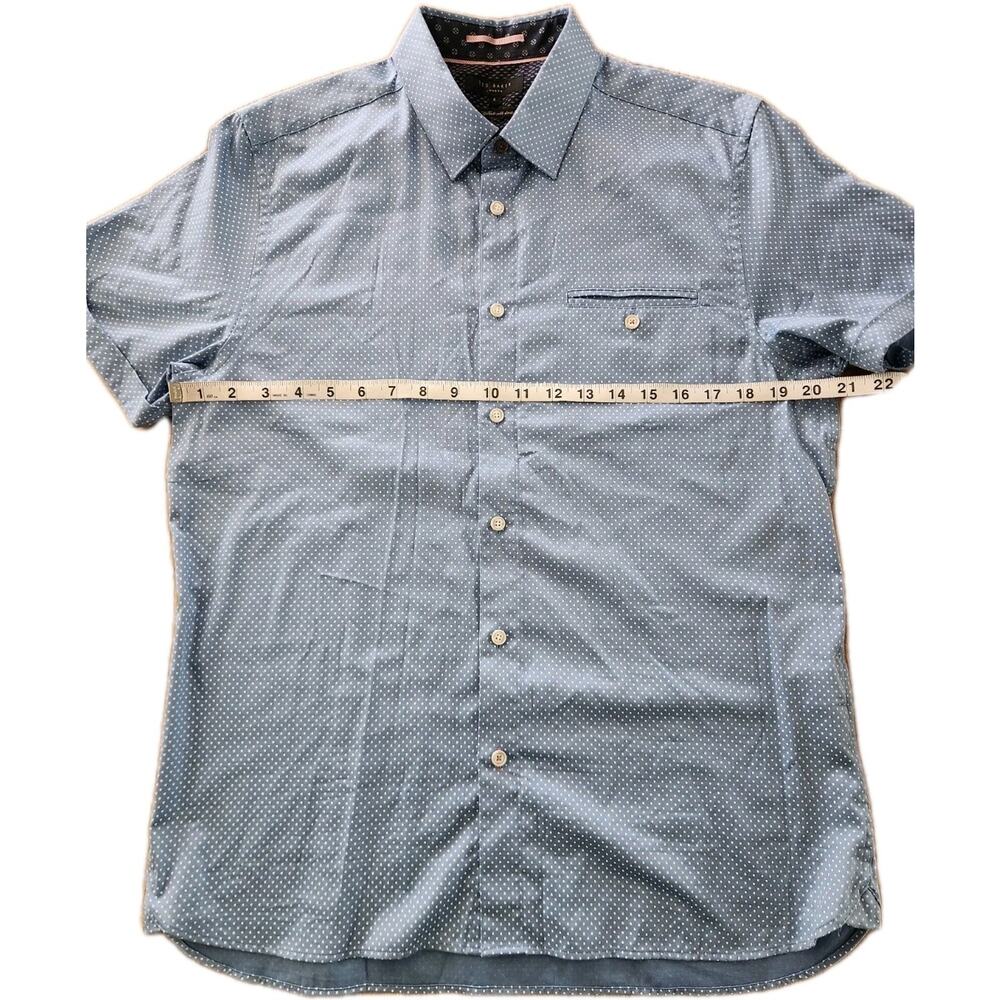 Ted Baker Short Sleeve Blue White Polka Dot Button Up Shirt Stretch Casual Sz 4 - Picture 7 of 8
